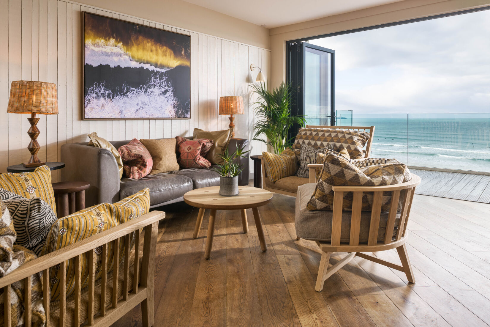 Internal photo of the living space at Watergate Bay Hotel with sea views